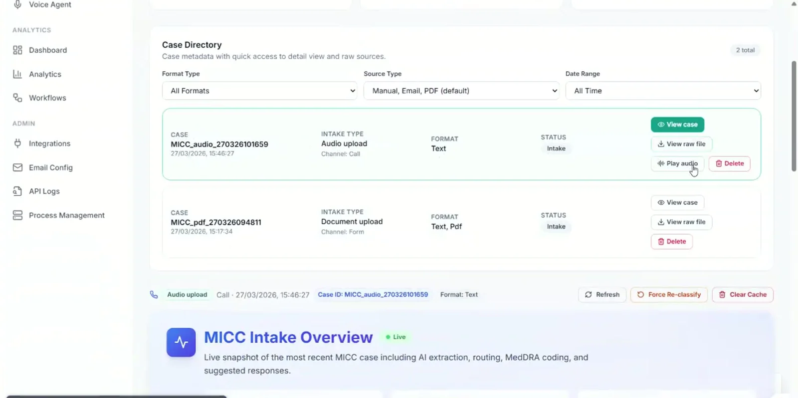 MICC case directory with audio and document intake and the live MICC intake overview
